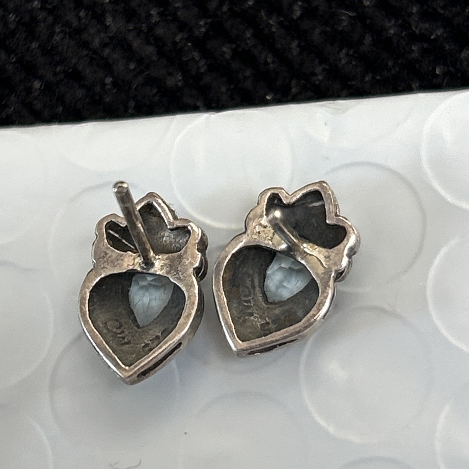 VTG CW Sterling Silver Marcasite Blue Topaz Stud Earrings 1/2” 3g