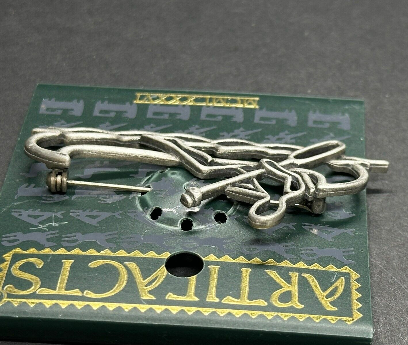 J J Jonette Jewelry Vintage NWT Canoe Paddle Person Waves Brooch Pin Pewter