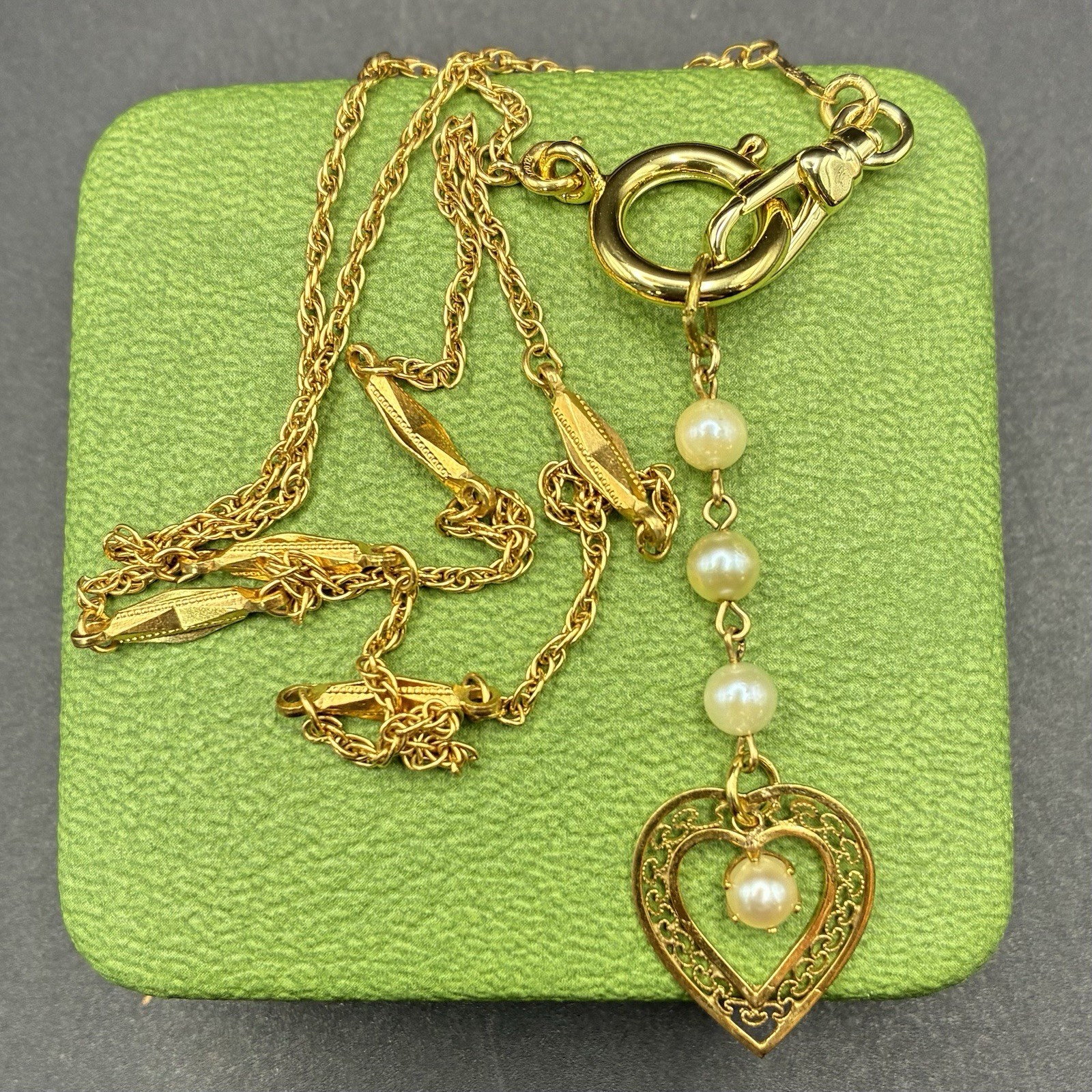 Stunning Vintage 12k Gold Filled Pocket Watch Chain FOB, Dog Clip, Heart Charm