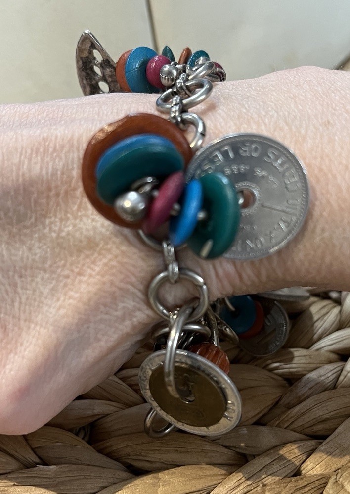 Vintage Artisan Crafted Coin Charm Bracelet Mixed Materials Estate Jewelry Boho