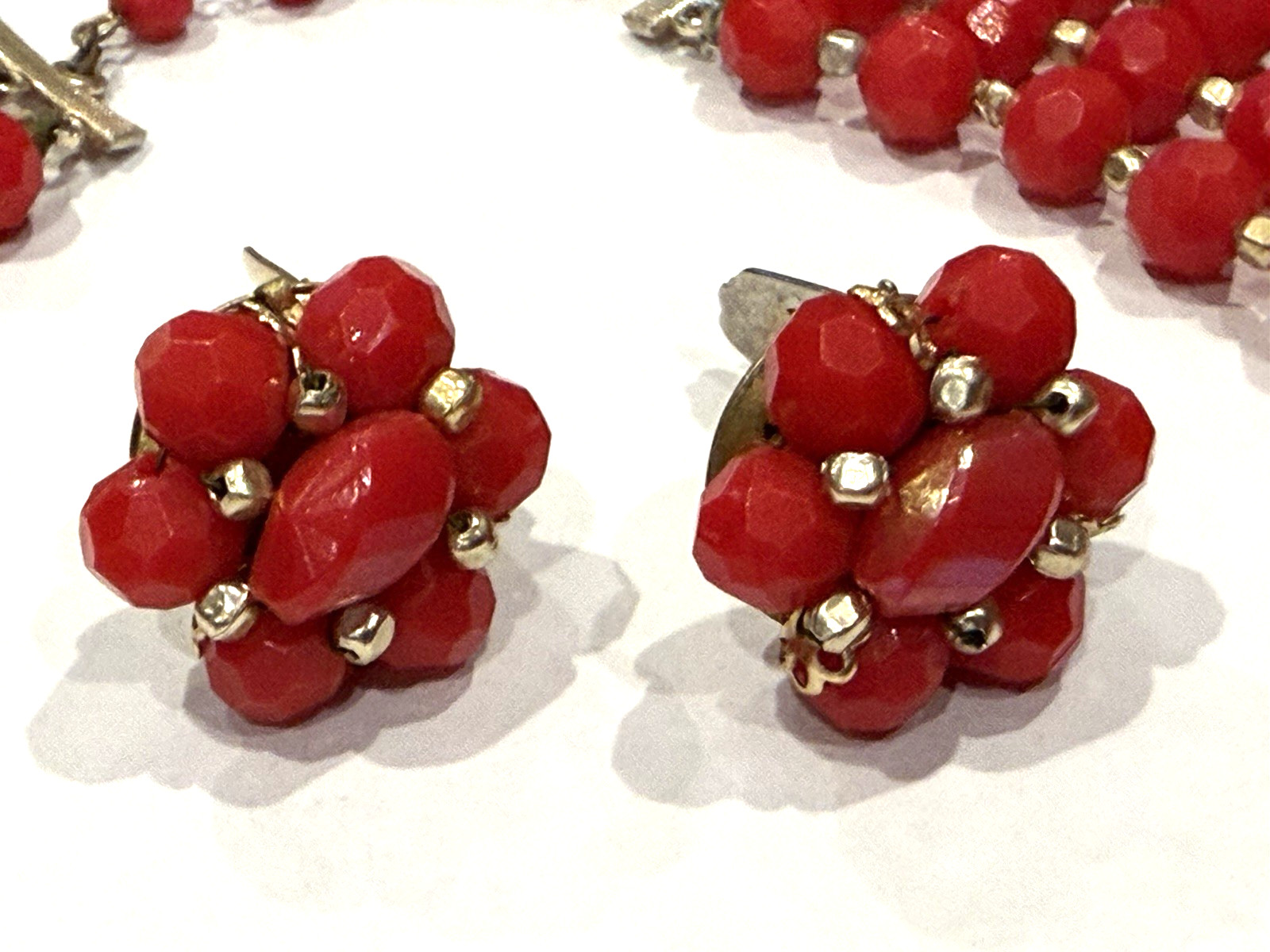 HONG KONG RED LUCITE GOLD BEADS 3 STRAND NECKLACE CLUSTER CLIP EARRINGS SET MCM