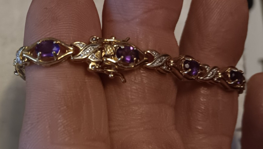 Vtg Avon RJ 8″ Bracelet 925 Sterling Silver Gold Tone w/ Amethyst Colored Stones