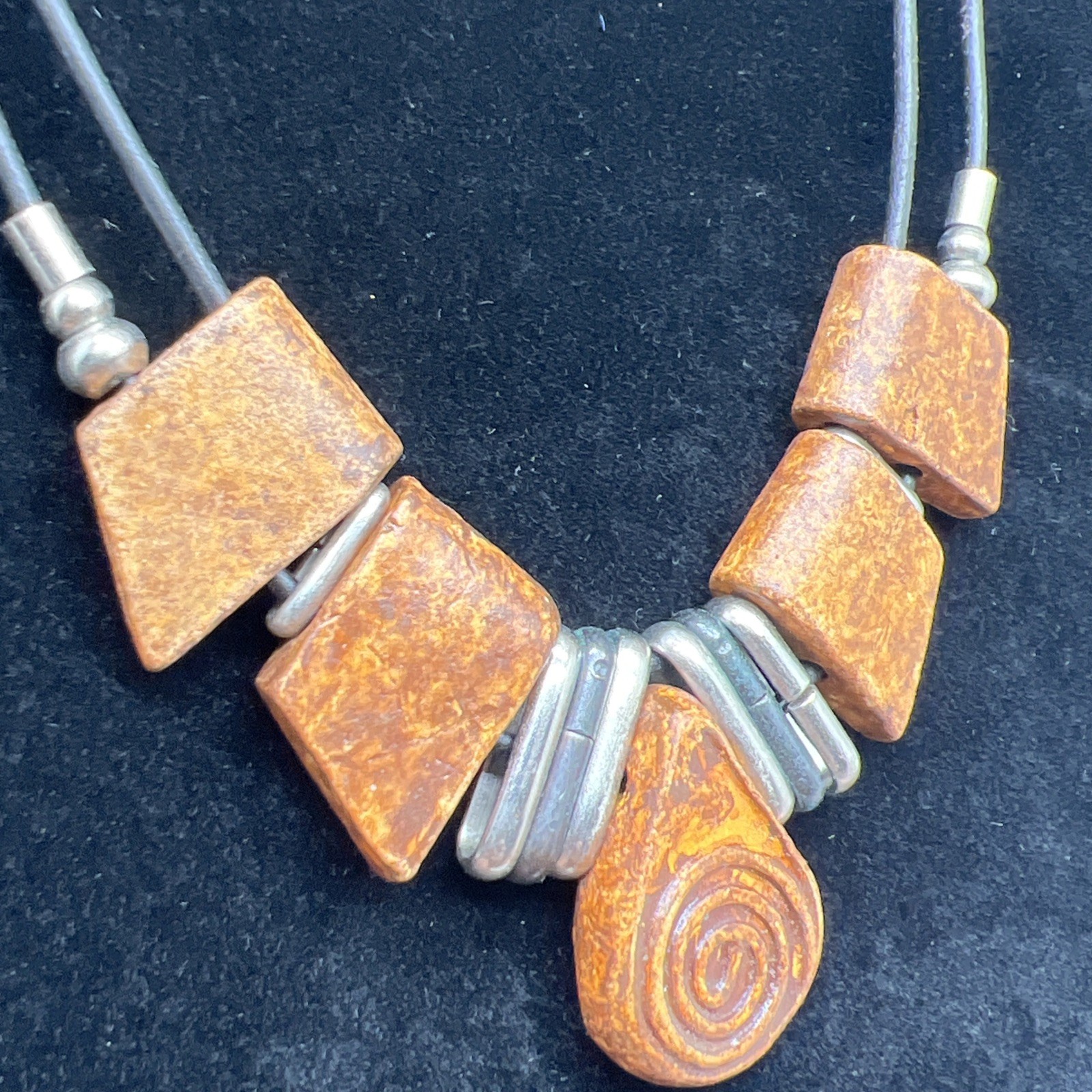 Vintage Brown Earthy Ceramic Beaded Leather Cord 16” Necklace 8294