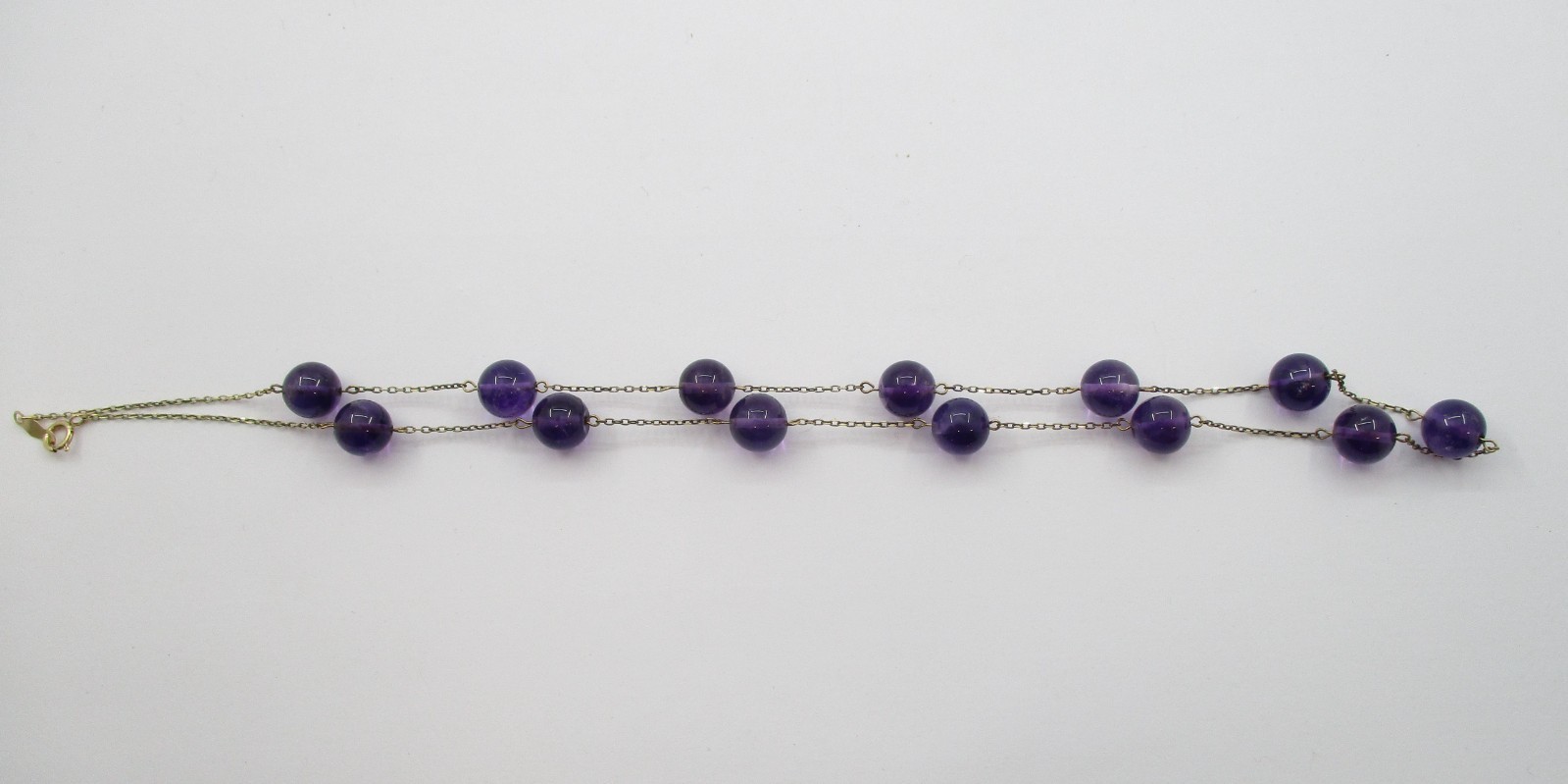 8.0MM Amethyst Bead Tin Cup Style Station Necklace 10 Karat Yellow Gold 17″