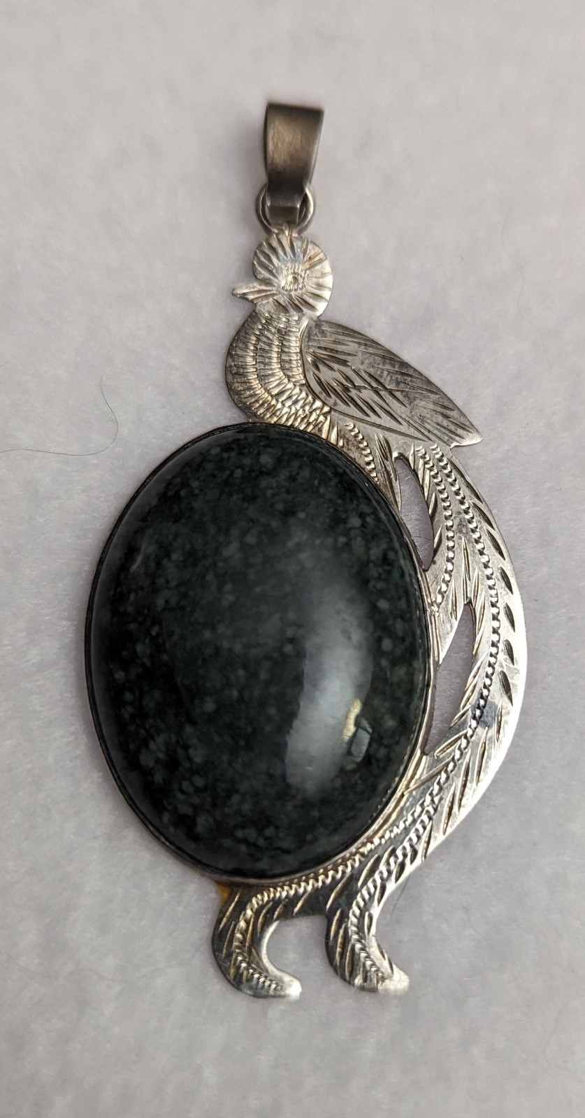 Quetzal Coutl Bird Pendant Sterling Silver Etch Oval Guatamalan Jade VTG