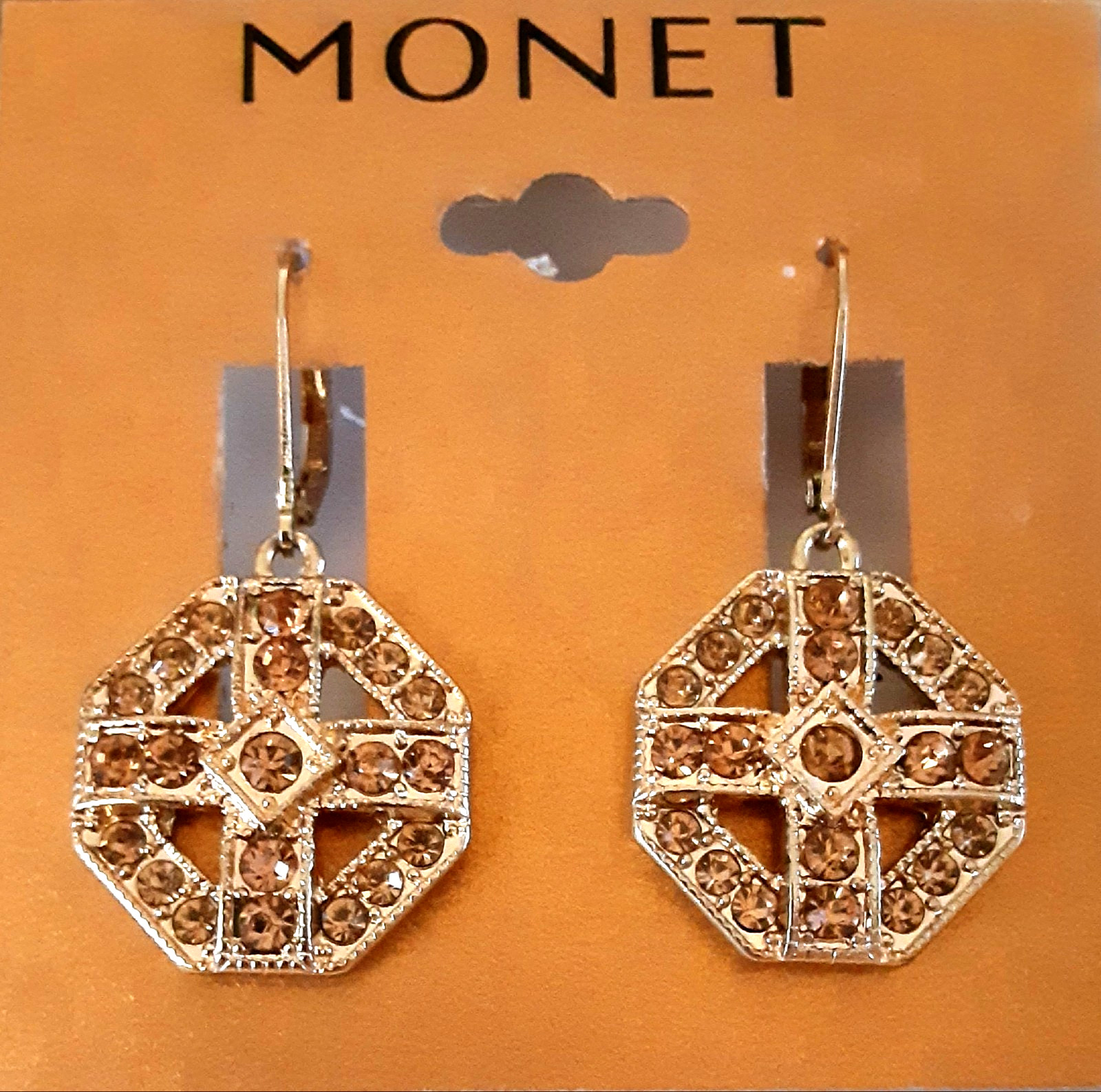 Lot of 3 Monet Earrings Gold-tone & champagne rhinestones (leverback & post)
