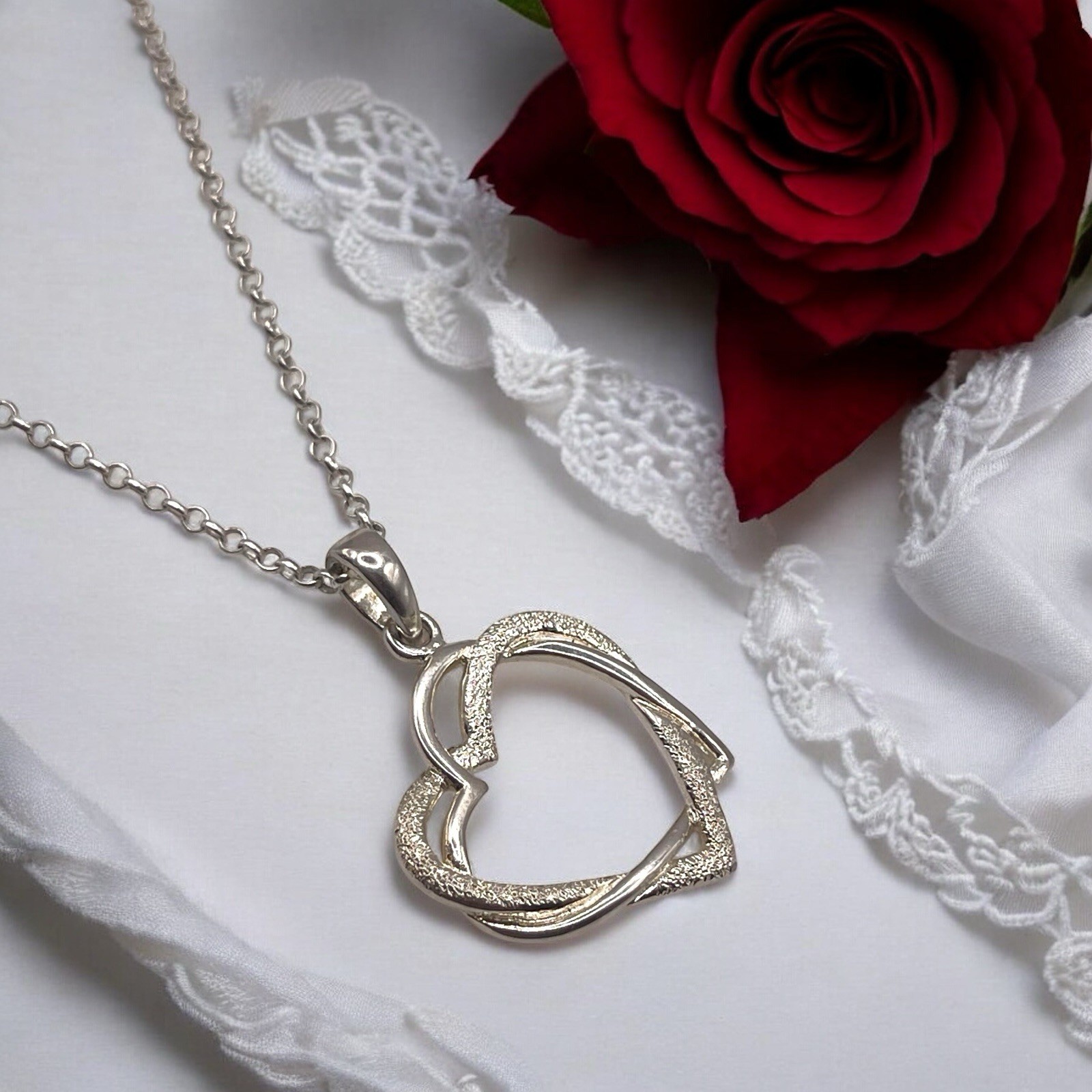 Italian 925 Sterling Double Interlocking Open Hearts Pendant Necklace, 18″
