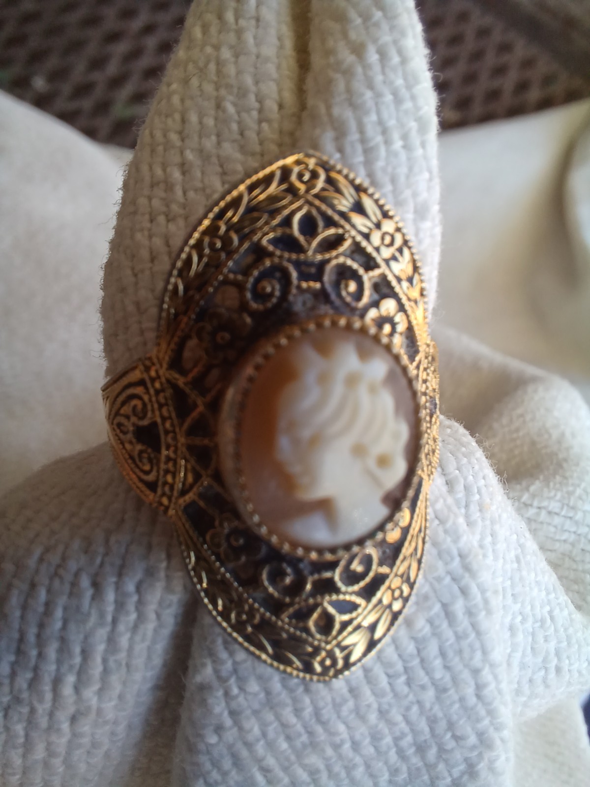 VINTAGE ART DECO JOE ESPOSITO ESPO CARVED SHELL CAMEO 18K HGE FILIGREE RING 7.25