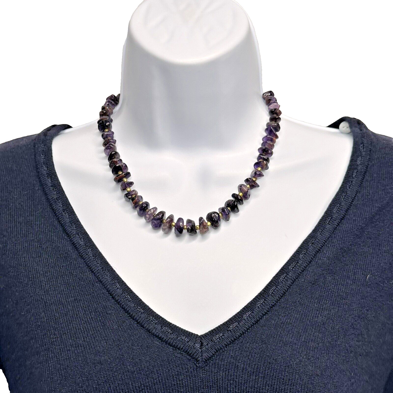Vintage Amethyst Necklace Polished Gemstone Chip Bead Chunky 18″