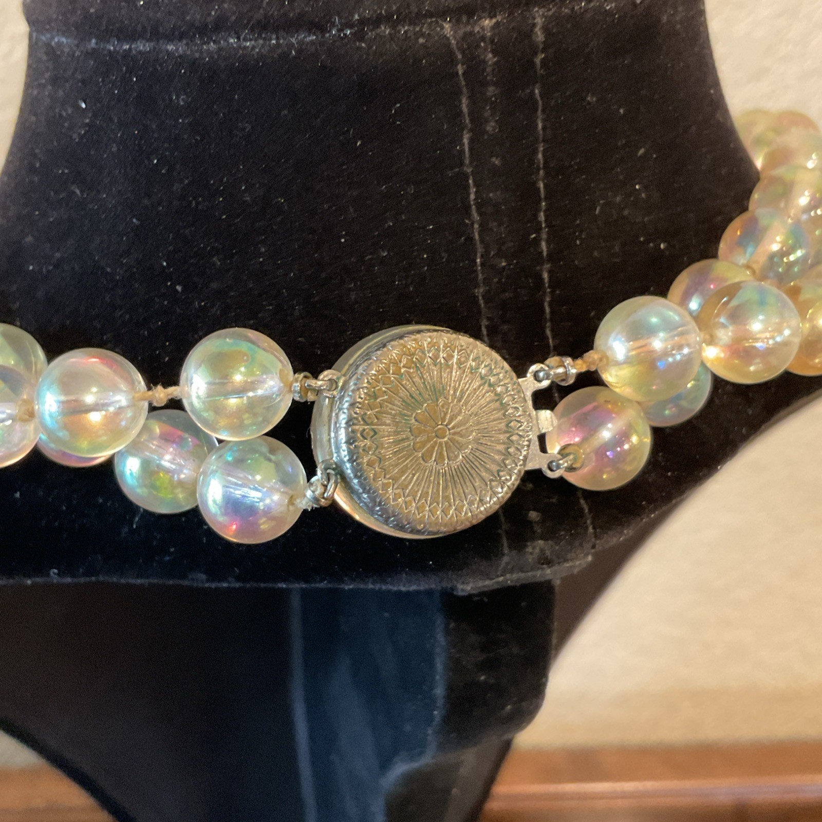 Vintage 18” Clear Iridescent Beaded Necklace Graduated Round Double Strands