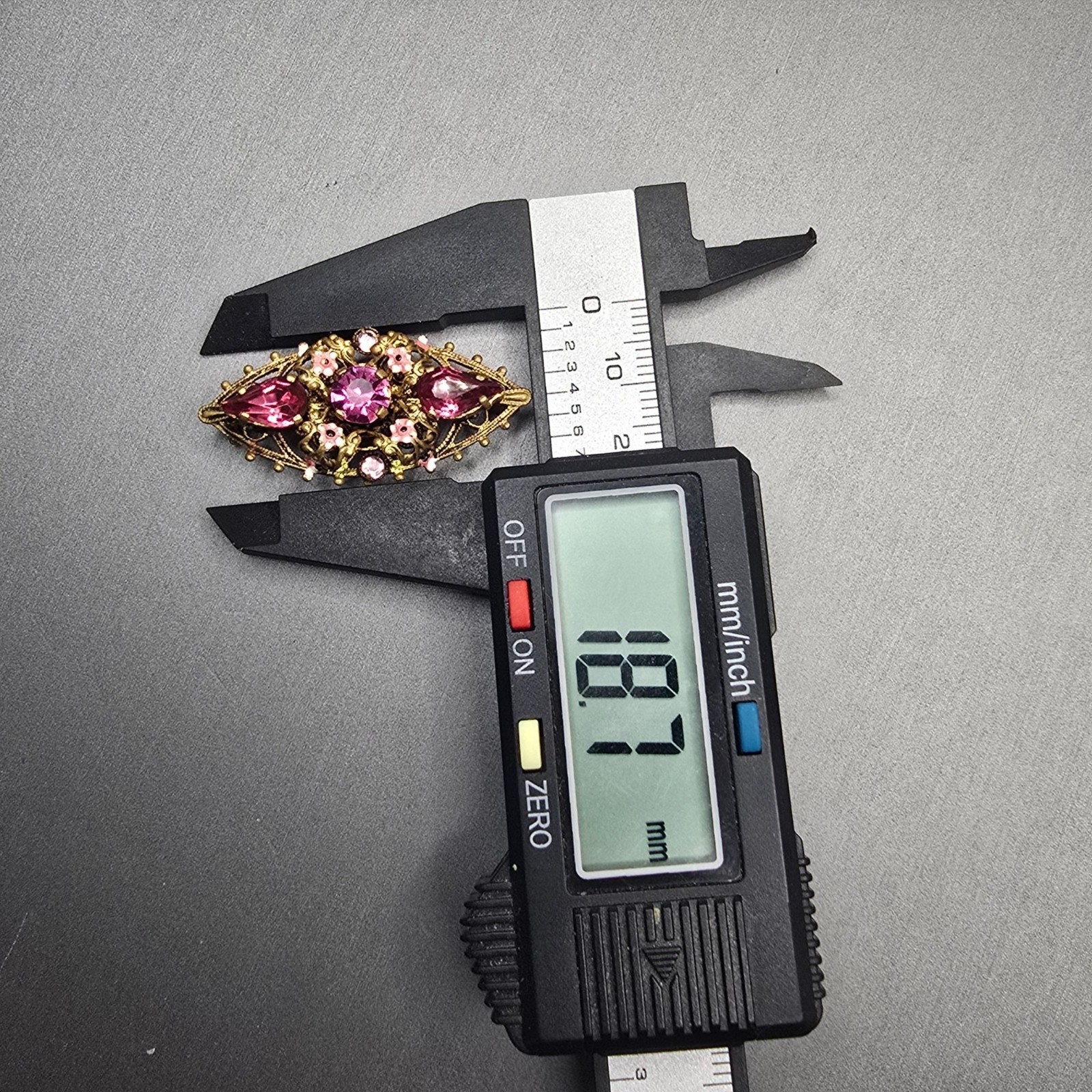 VTG Czecho Pink Rhinestone Brooch 1.5″ Floral Enamel Gold Tone Pressed Metal