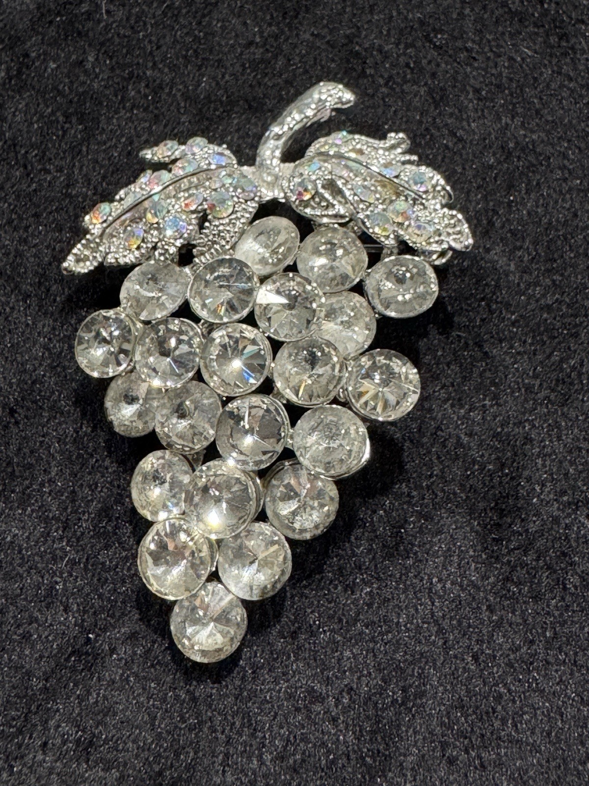 Unique Vintage Clear Rhinestones Bunch of Grapes With Leaves Pin Brooch