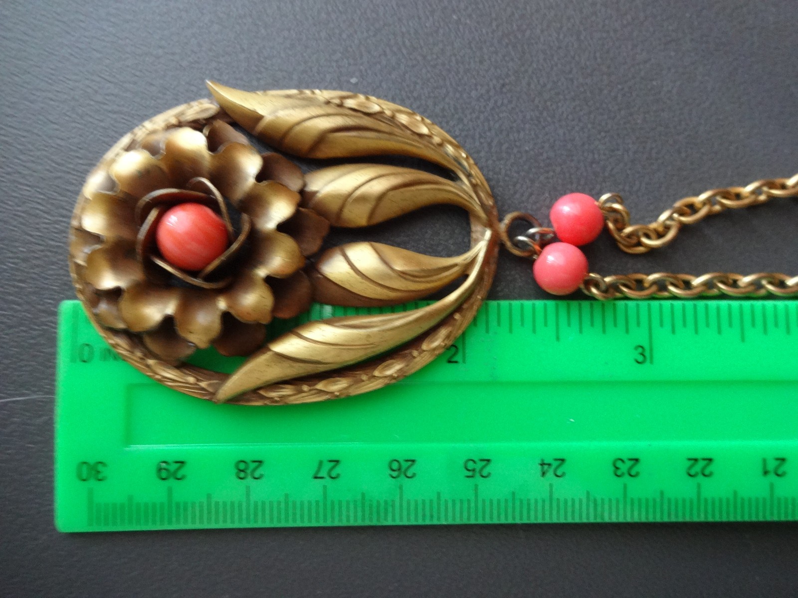 Antique CZECH NEIGER Art Nouveau Egyptian Revival Coral Glass Pendant Necklace