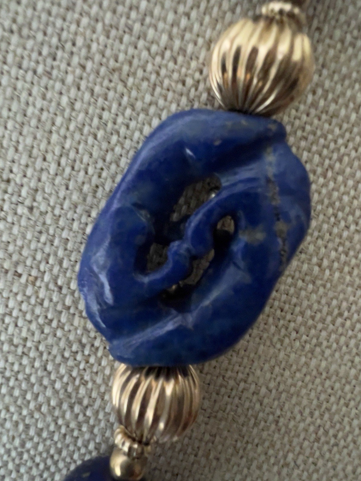 Vintage Lapis Lazuli and 14K Beads Hand Knotted 30” Necklace With Figural Beads