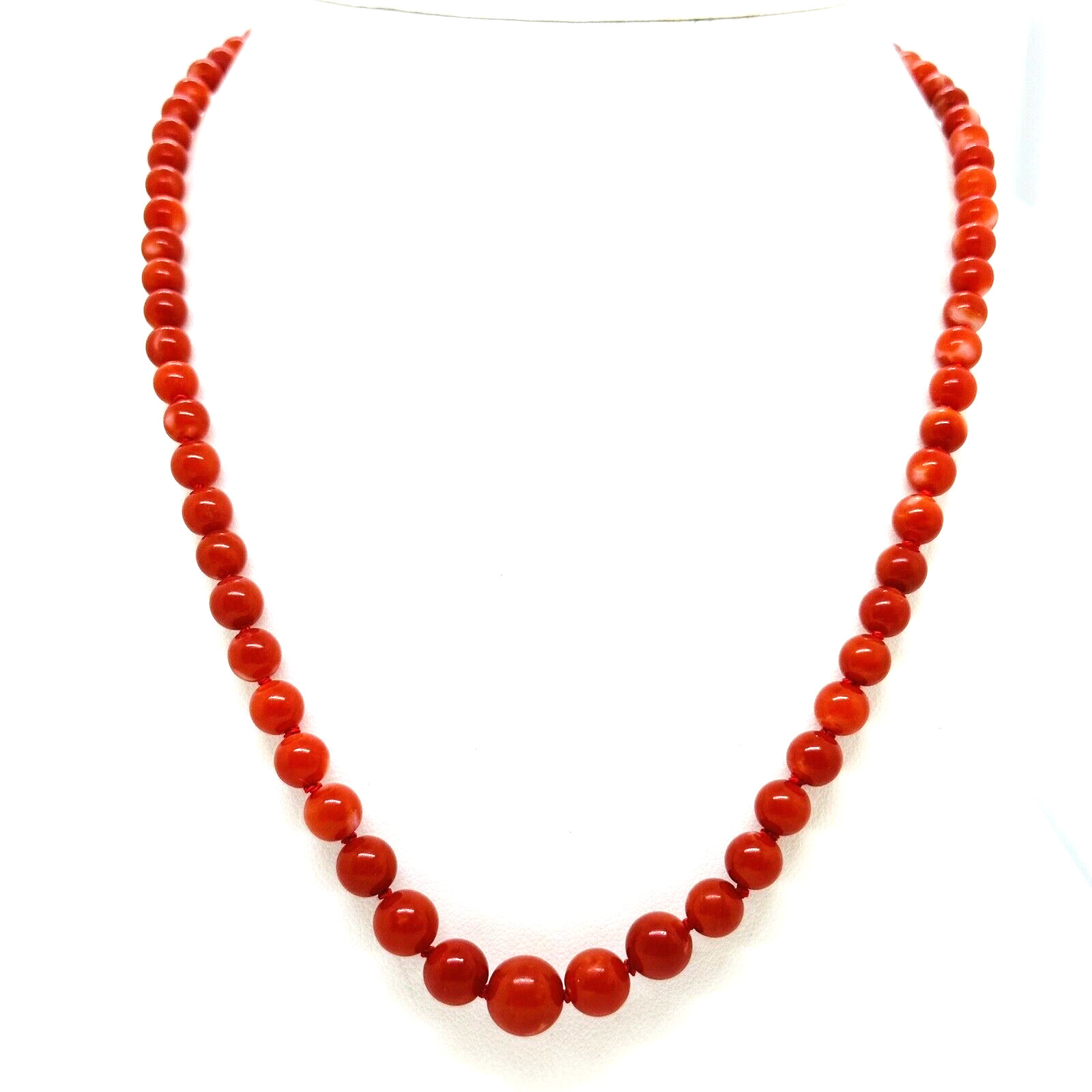 Natural Red Coral 9 mm x 4 mm Strand 18k Yellow Gold Necklace 17.5″