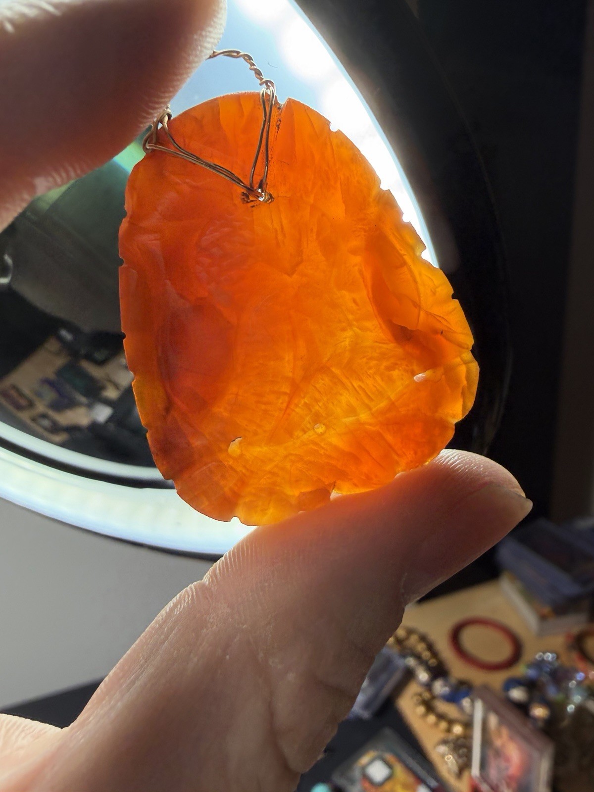Vintage Carved Carnelian Stone Pendant 10k Solid Gold Wire Bail Old Repair