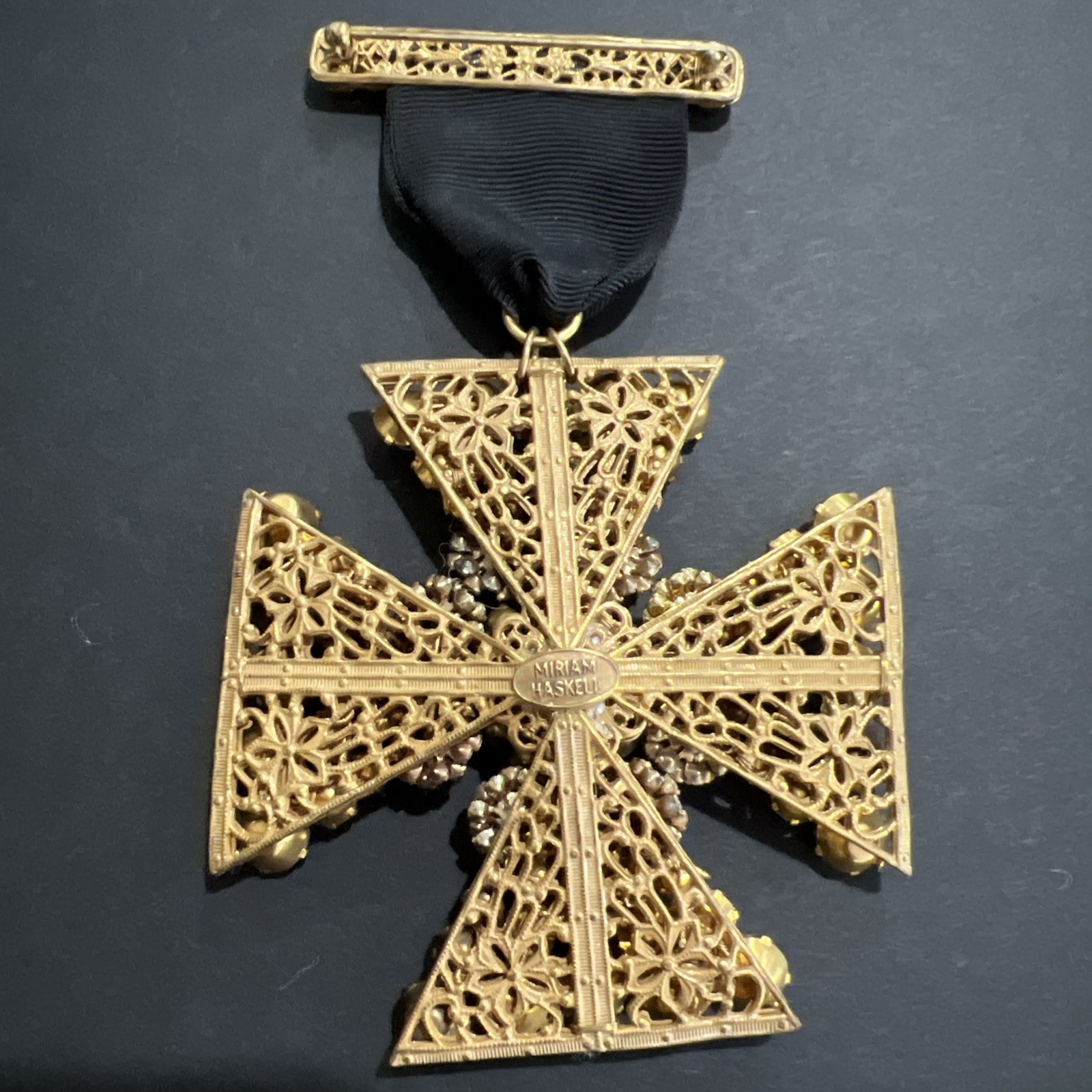 VTG. SIGNED MIRIAM HASKELL RHINESTONE MALTESE CROSS on RIBBON & CROSS BAR BROOCH
