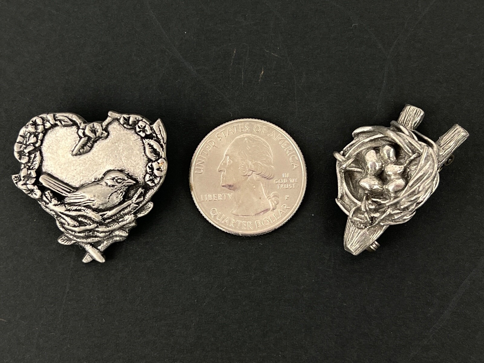Vintage Lot of 2 Pewter BIRDS AND BLOOMS 2004 and CLIFT Birds Nest Pin Brooch