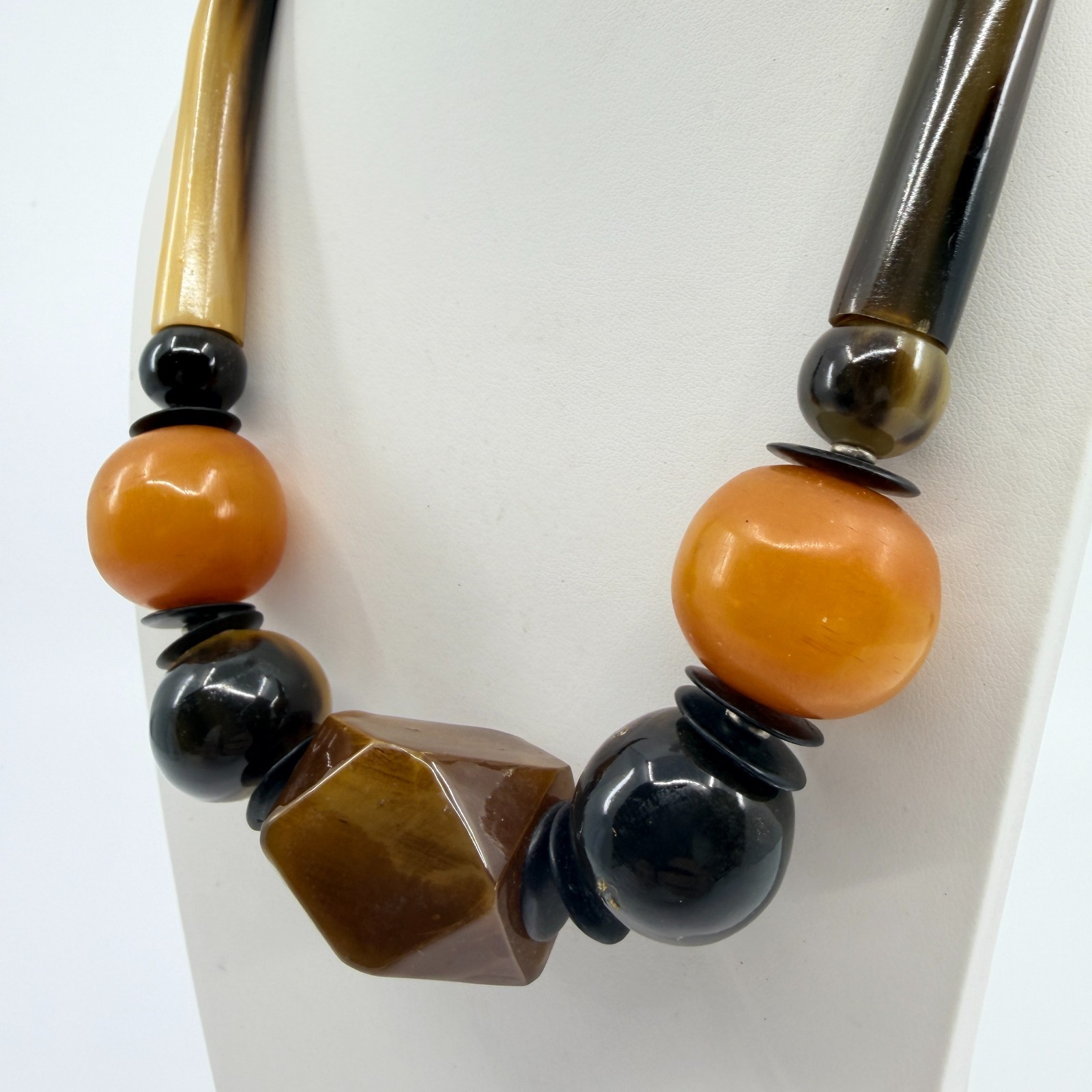 Vintage Chunky Resin Faux Horn Tusk Geometric Bead Statement Necklace Boho 90s