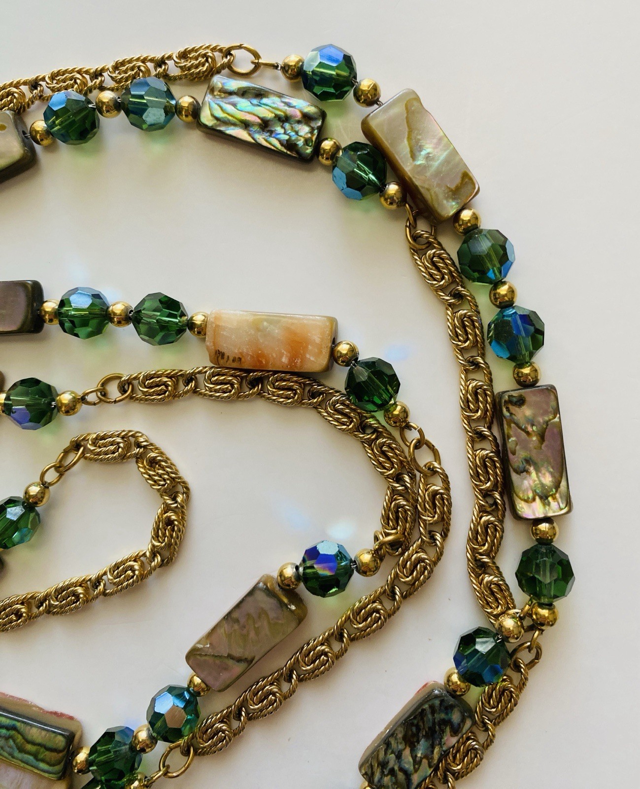 Vintage 80s NAPIER Necklace Abalone Mother Of Pearl & Green Crystals Boho Chic