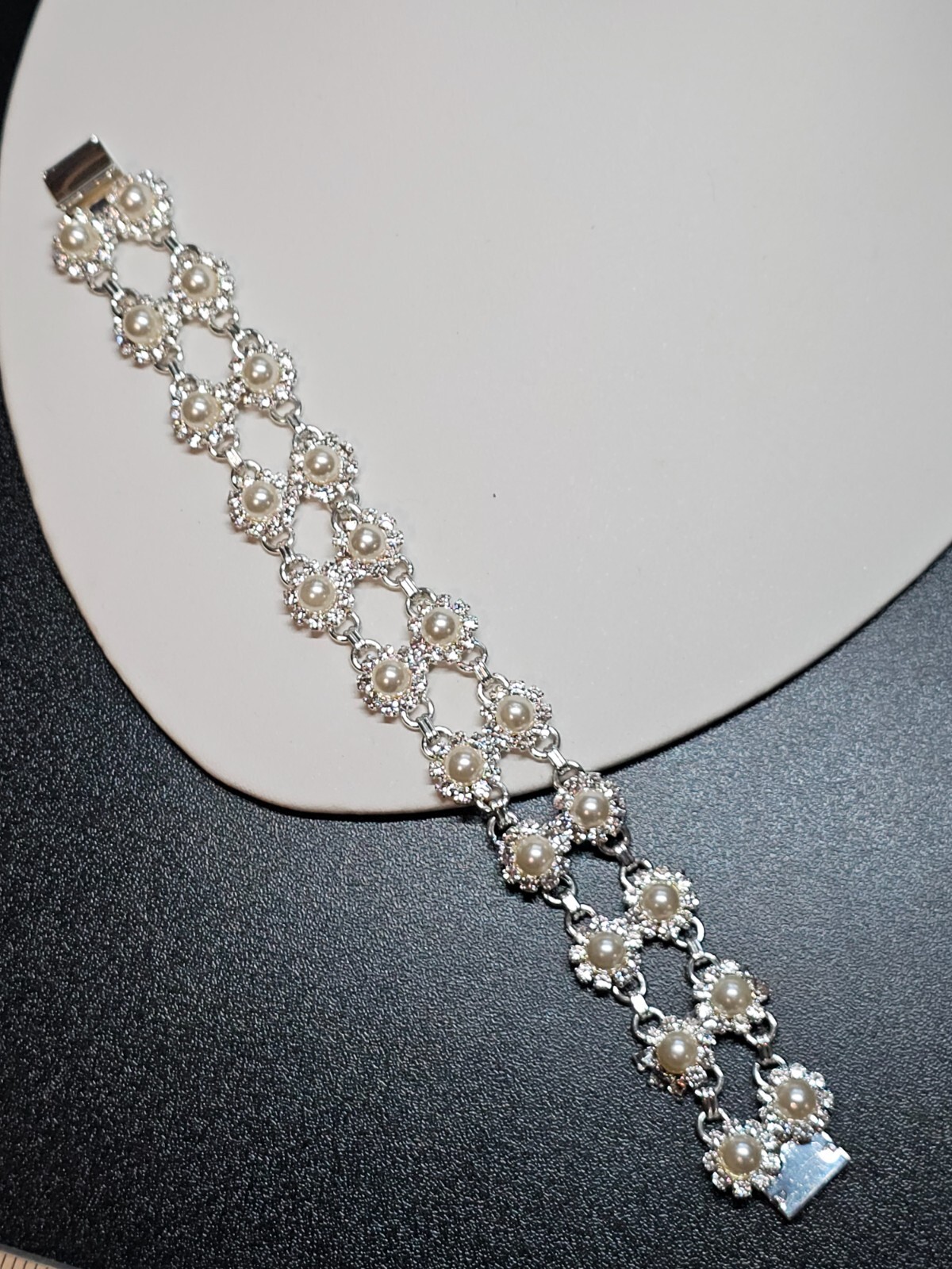 Vtg Faux Pearl Clear Glass Rhinestone Bracelet Great for Wedding!