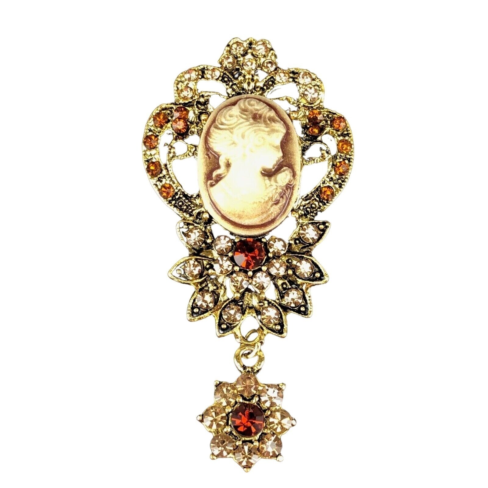 Cameo Rhinestone Brooch Pin Gold Tone & Redish-Brown