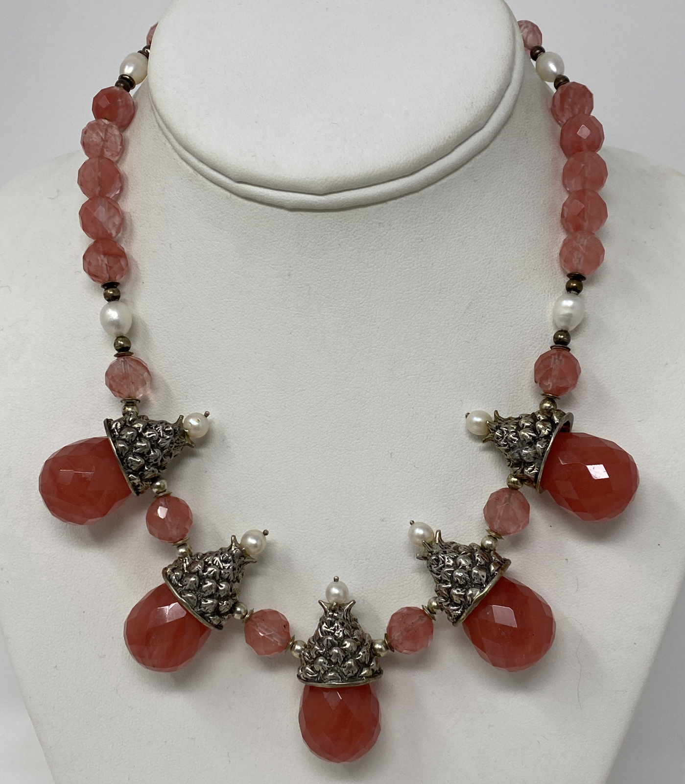Stunning Artist Signed PF Sterling Silver Rose Quartz Pearl Collar Necklace