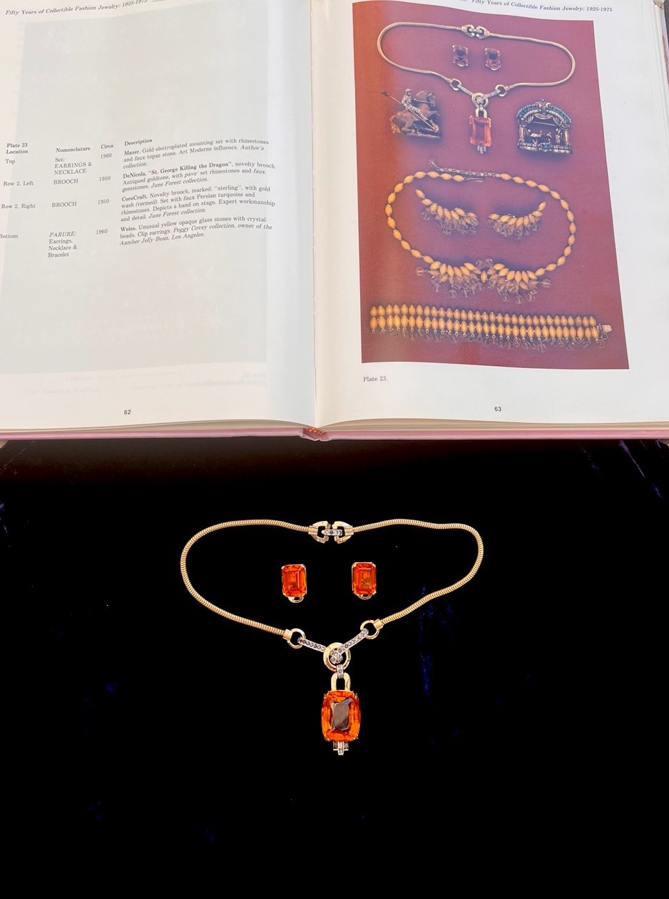 Mazer Deco gold plated faux topaz rhinestones necklace/Earrings 1960’s ca, USA.