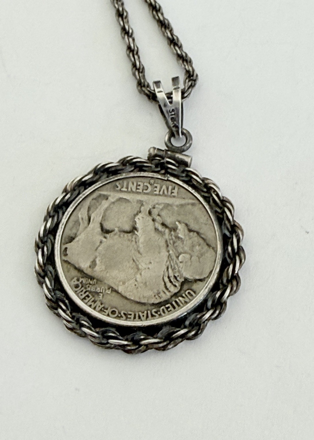 Vintage 1937 Buffalo Nickel Coin Pendant 925 Sterling Silver Chain 15-grams