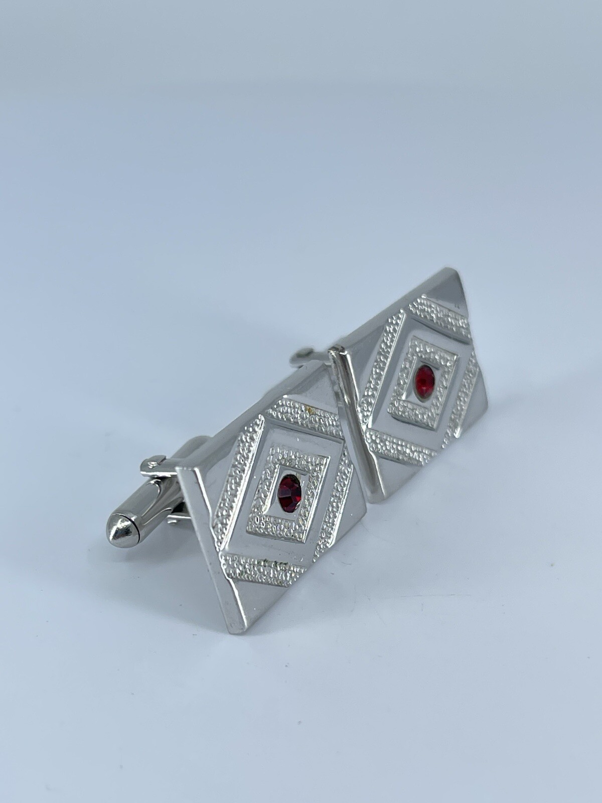 Swank rectangle cufflinks red rhinestone brushed polished silver tone