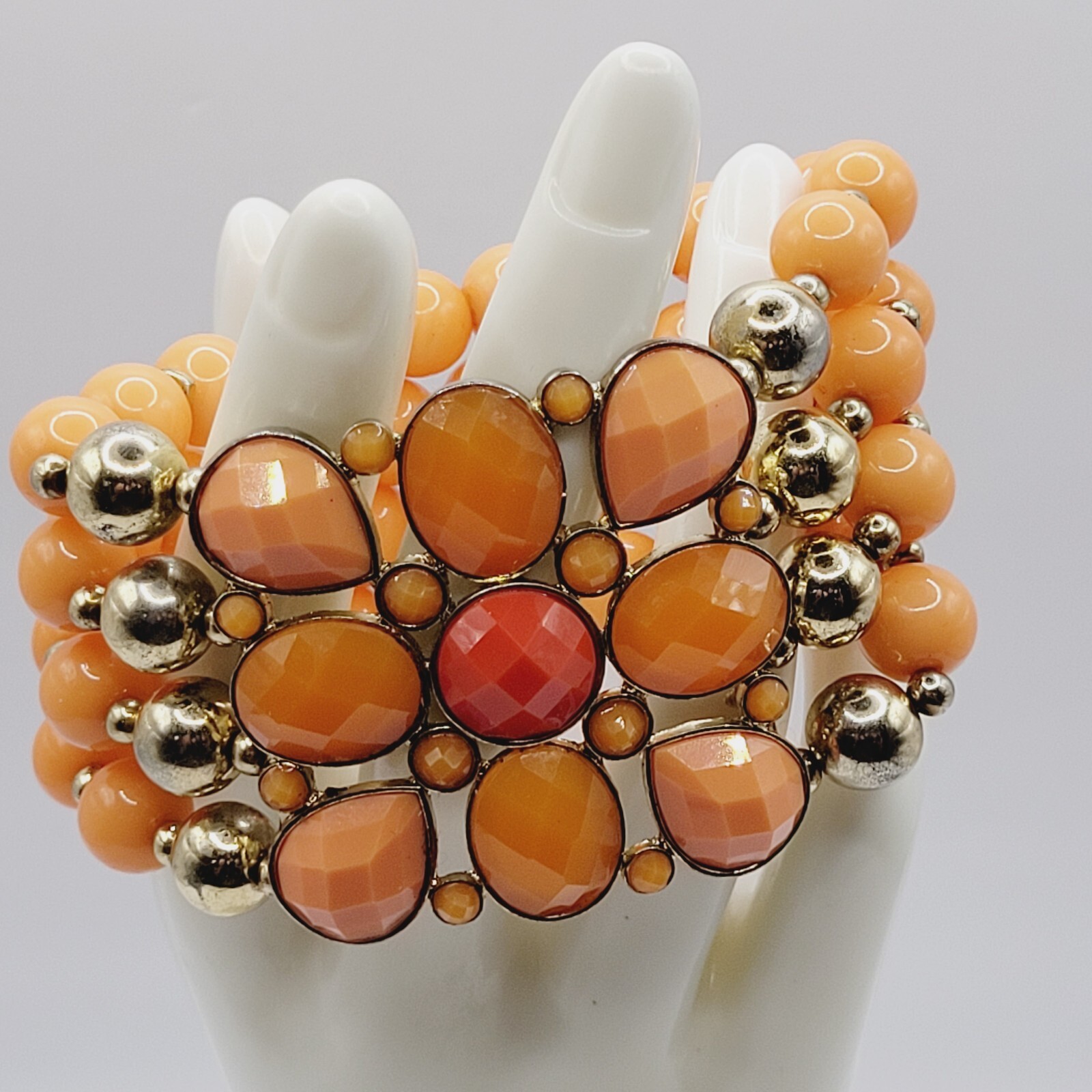 Orange Sherbet Melon Shade Wide Chunky Stretch Beaded Bangle Vintage Bracelet