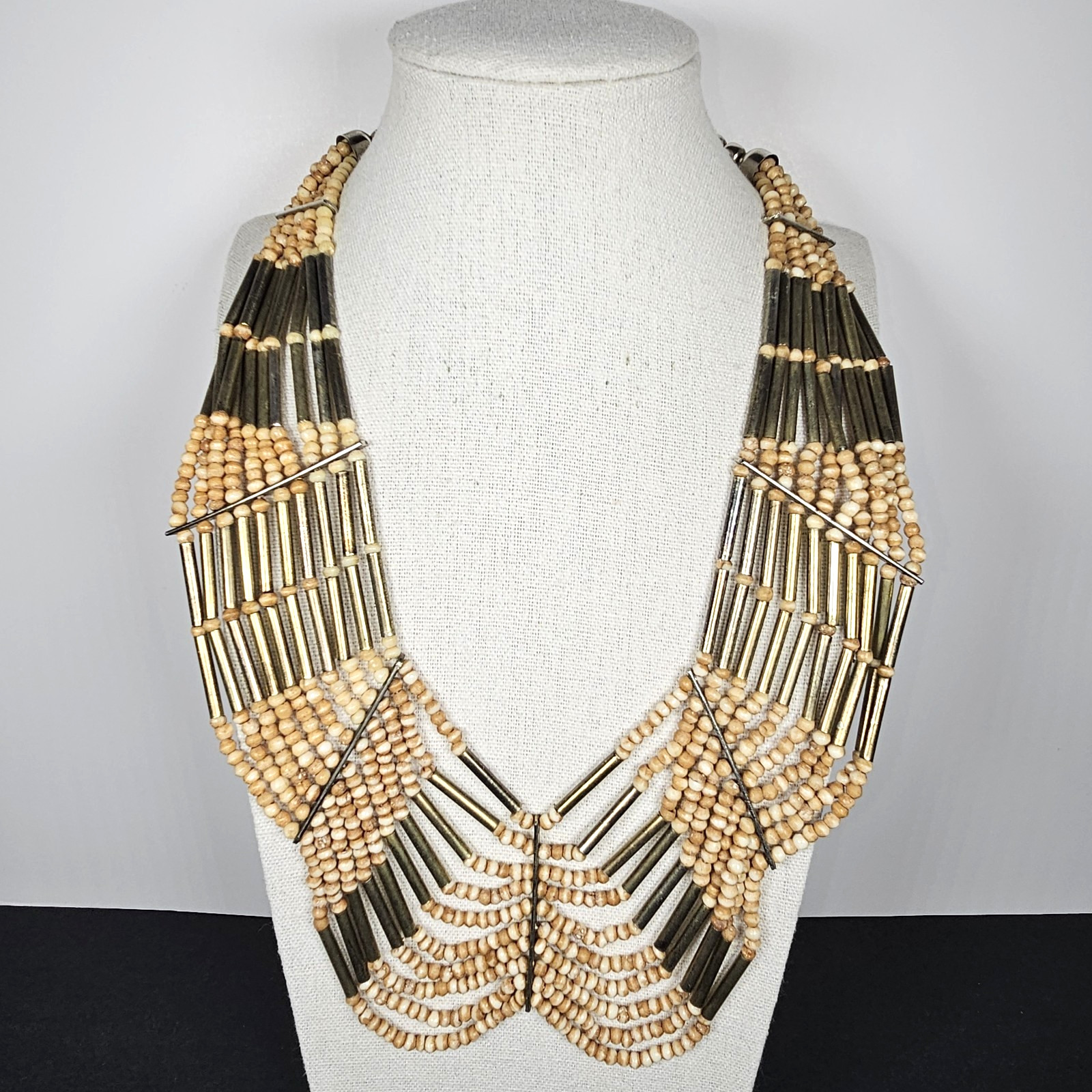BOHO Tribal Multistrand Necklace Bead and Brass Silver Tone Chain & Clasp 21″