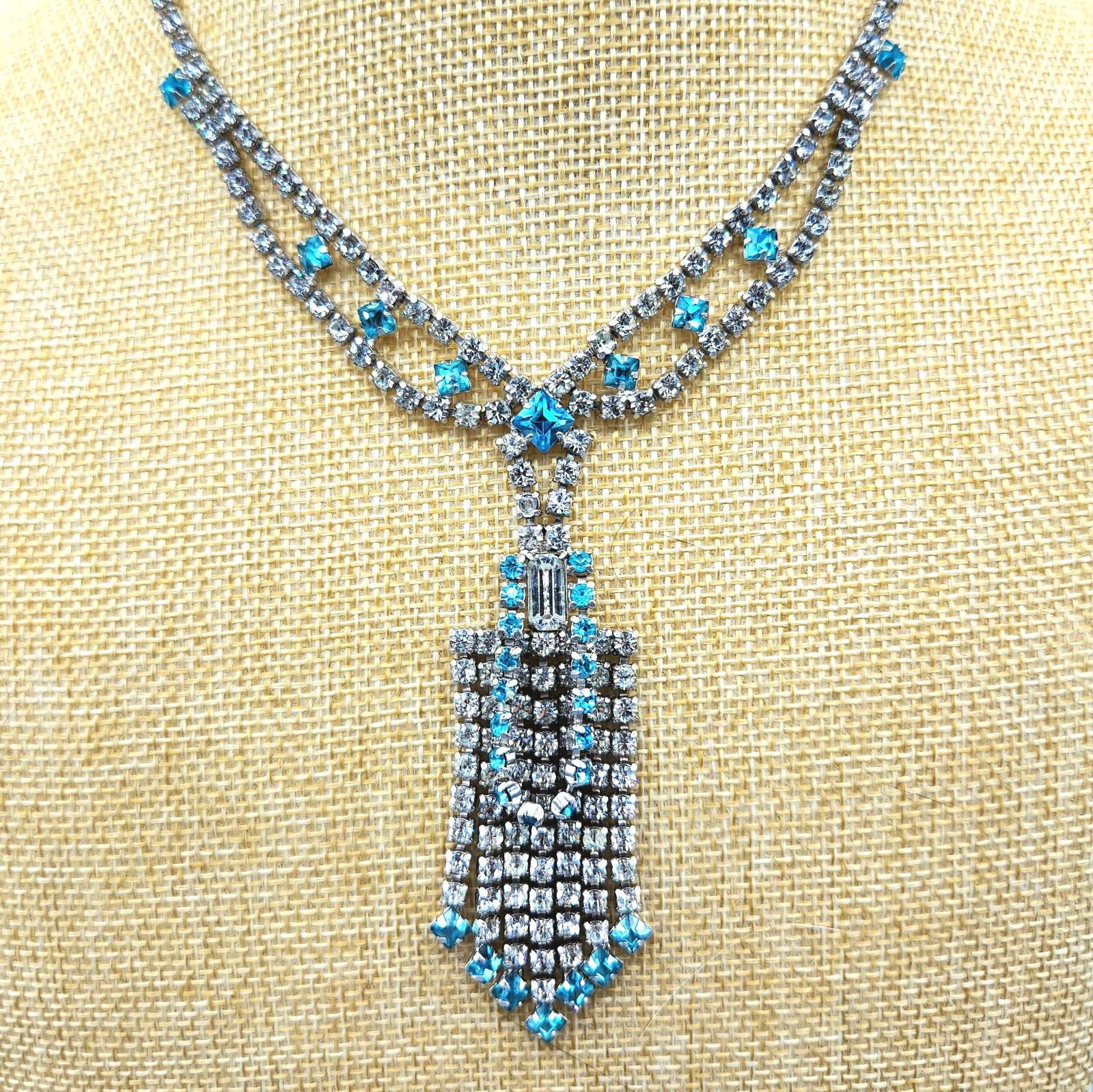 Retro Aqua Light Blue Square Rhinestone Crystal Lavalier Drippy Necklace 16″