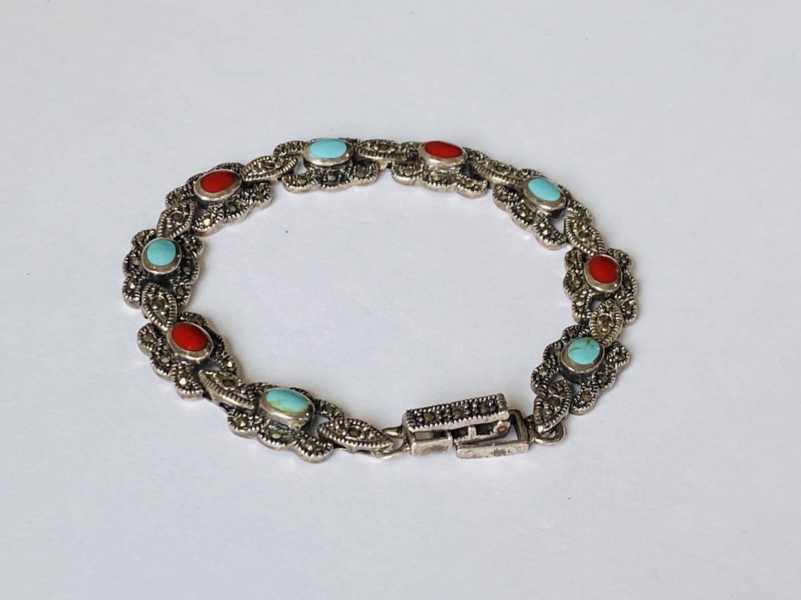 Vintage Sign Sterling Silver Multi Stone Turquoise Coral Marcasite Link Bracelet