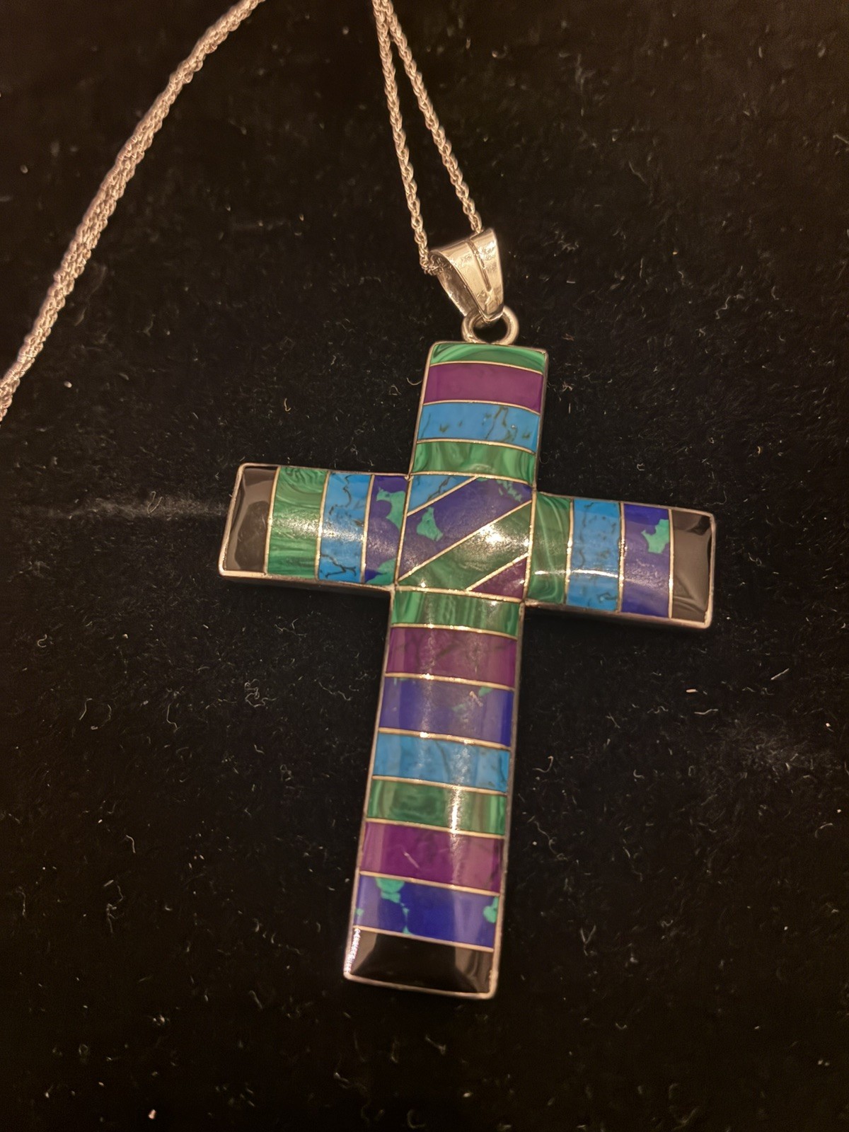 Vintage Pendant 925 Mexican Stone Inlay MASSIVE Navajo style Southwest