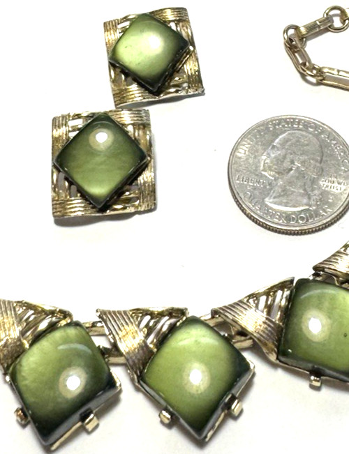 Vintage Jewelry Set Necklace Clip On Earrings SIGNED CORO Bakelite Green Moon 17