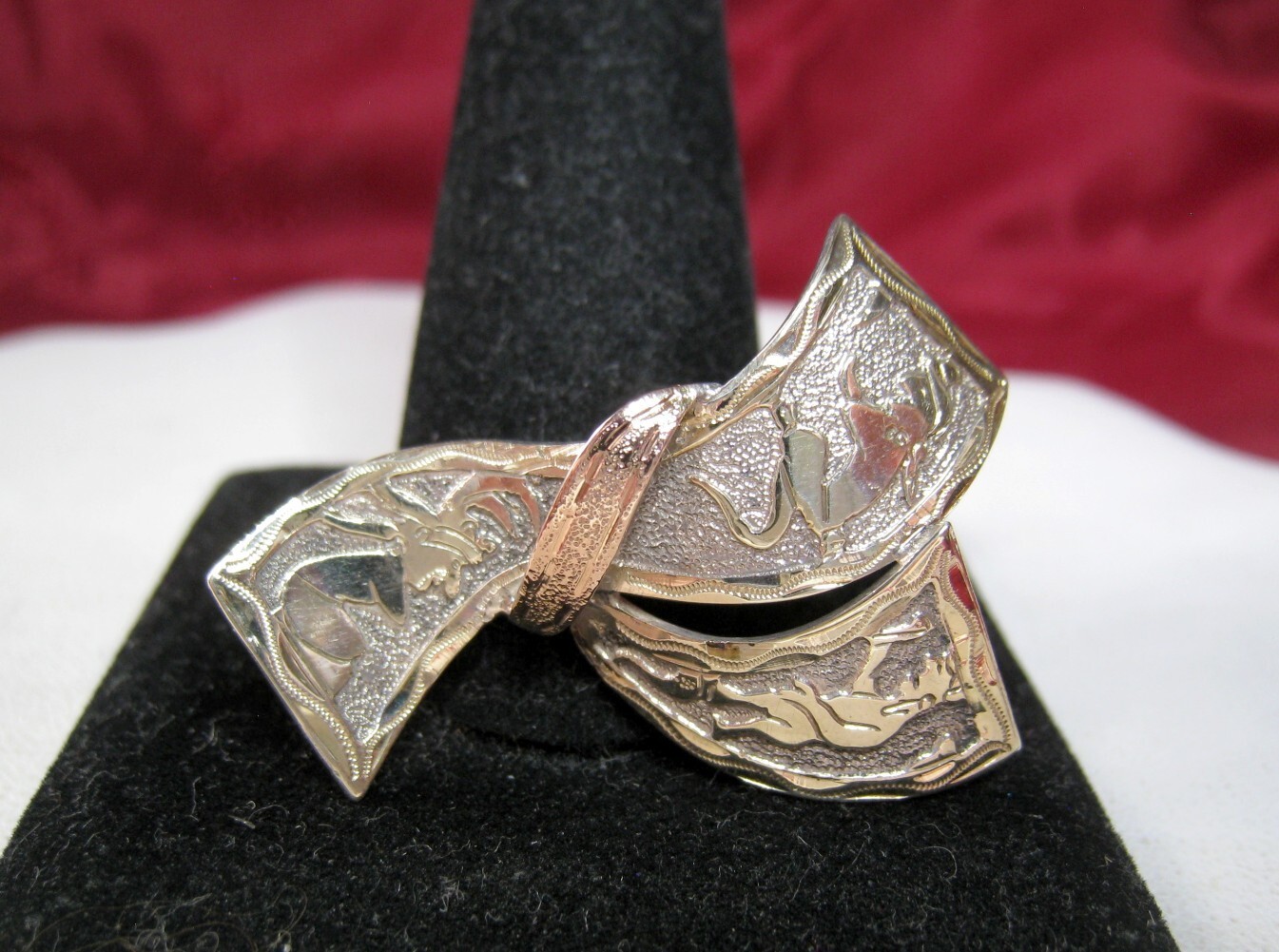 RARE VINTAGE 900 SILVER GUATEMALA MULTI COLOR RIBBON BOW BROOCH PIN 4.8 GR
