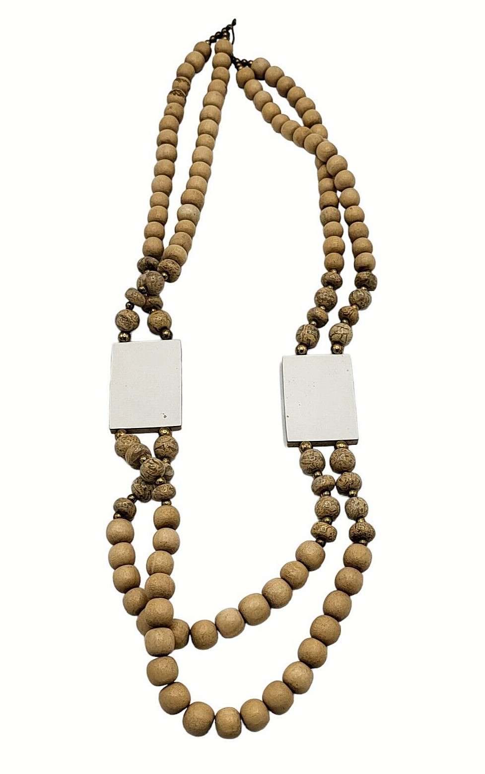 Vintage Necklace Wooden Beaded Ceramic Tile 30 Inches