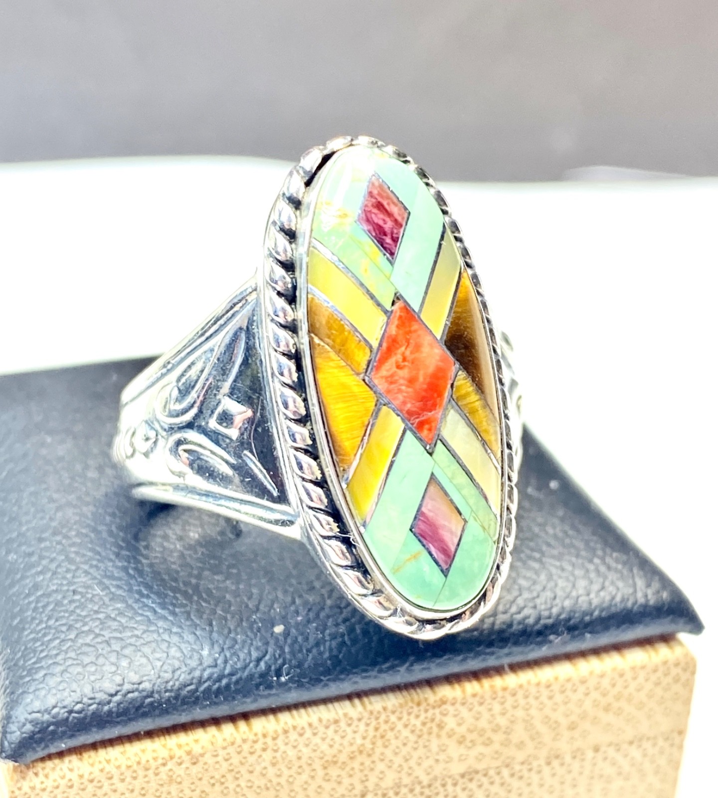 Vintage Carolyn Pollack Relios Sterling Silver Multi-gem inlay Ring Size 8 1/4