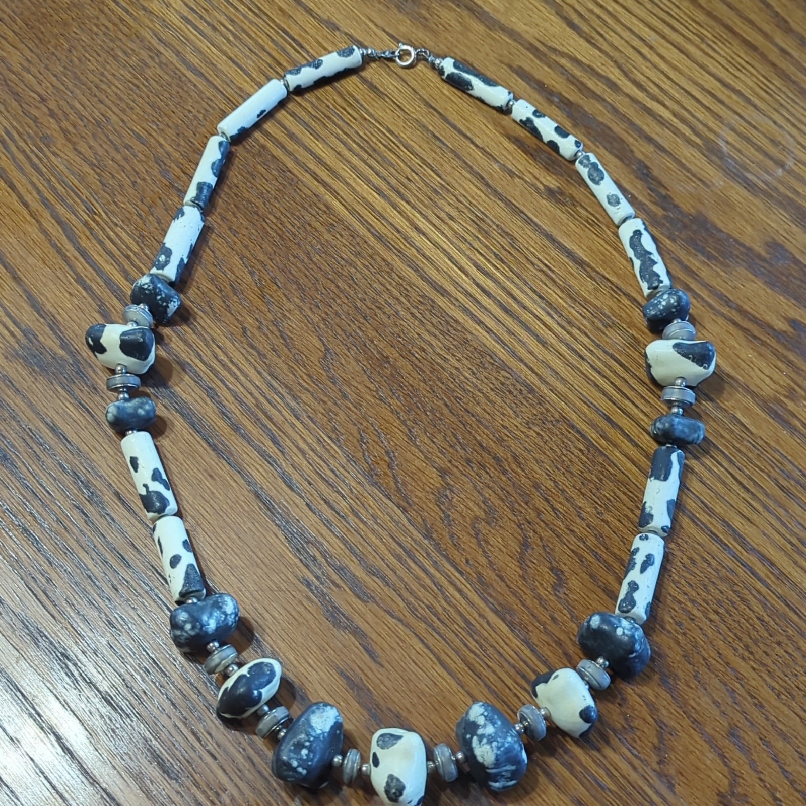 Chunky Vintage Stone Necklace Made In Japan 28″ Black and White