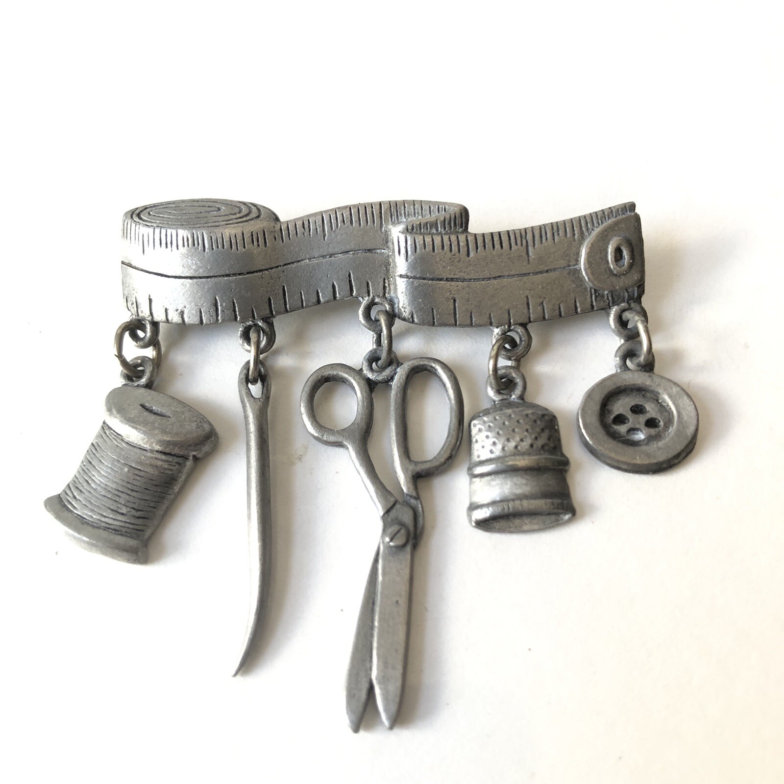Vintage Sewing Theme Brooch Pin Tape Measure Scissors Thread Button Thimble