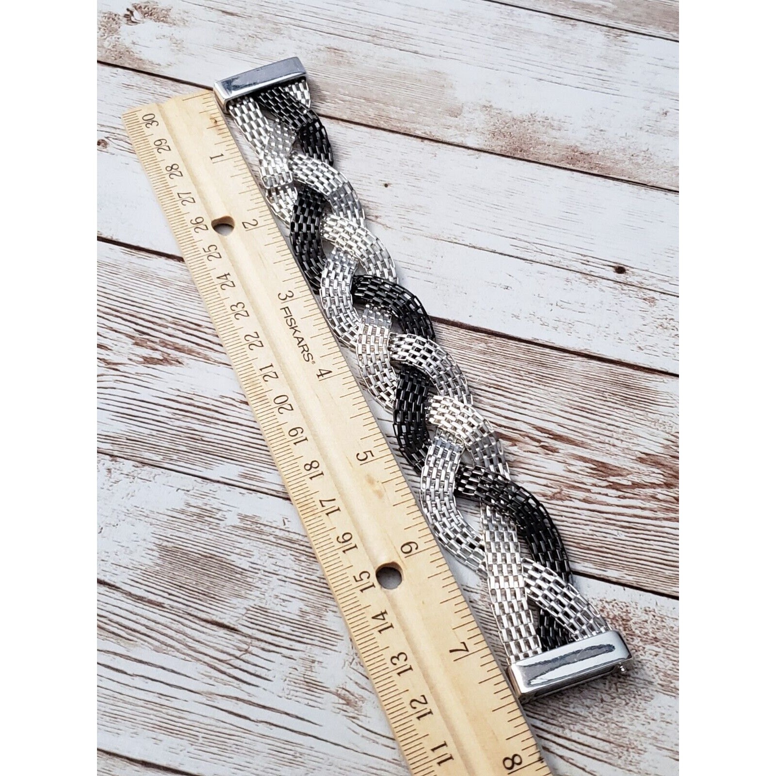 Vintage Bracelet Black & Silver Tone Twisted with Magnetic Clasp