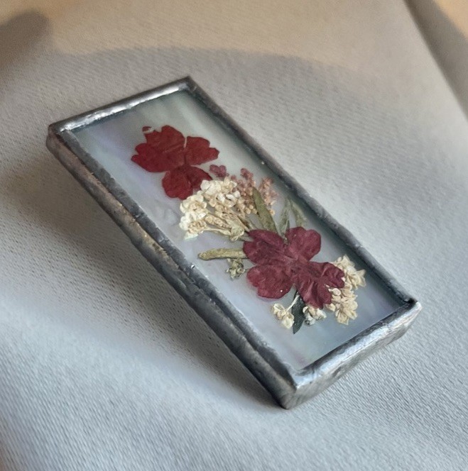 Vintage Handmade Iridescent Glass Pressed Dried Flower Silver 2” Framed Brooch