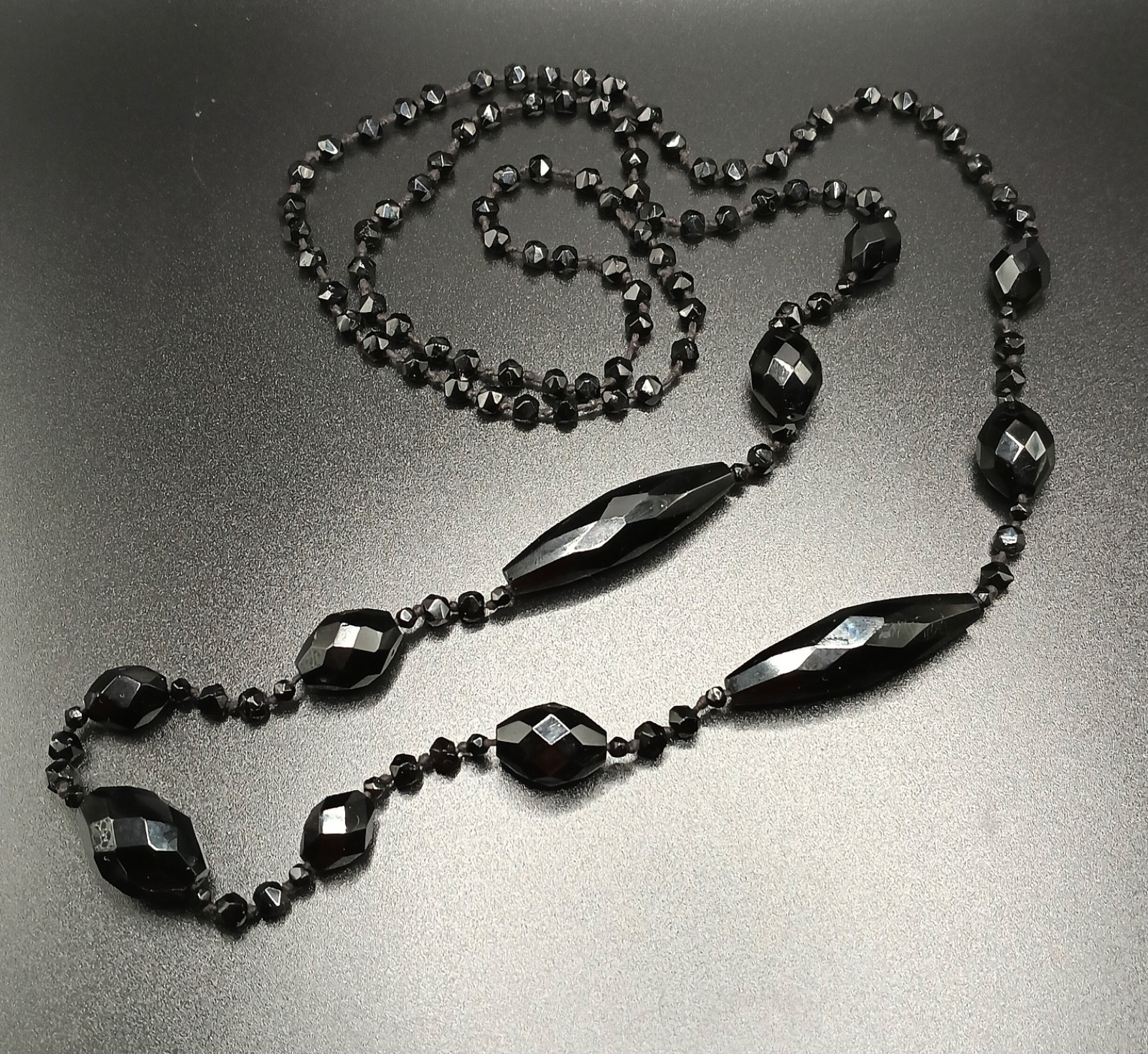 French Jet Multi-Size Bead 44” Necklace, Hand Knotted, No Clasp