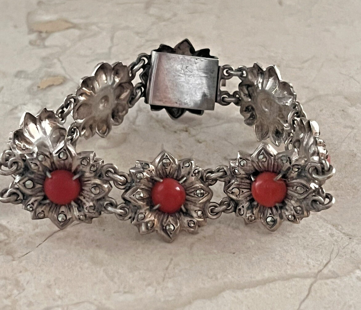 Antique Victorian 900 Silver Marcasite & Coral Link Flower Bracelet