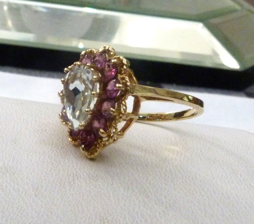 DESIGNER MEI 10K YELLOW GOLD 4.3CTTW PEAR AQUAMARINE RHODOLITE GARNET RING 7.5