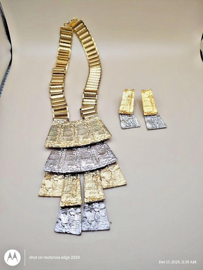 VINTAGE BRUTALIST MODERNIST MCM PANEL RUNWAY NECKLACE & Earrings /REAL BEAUTY