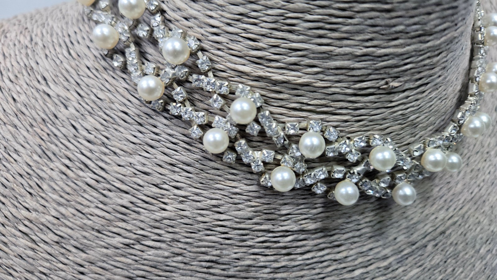 Vintage Faux Pearl & Rhinestone Choker Necklace Adjustable Hook Clasp