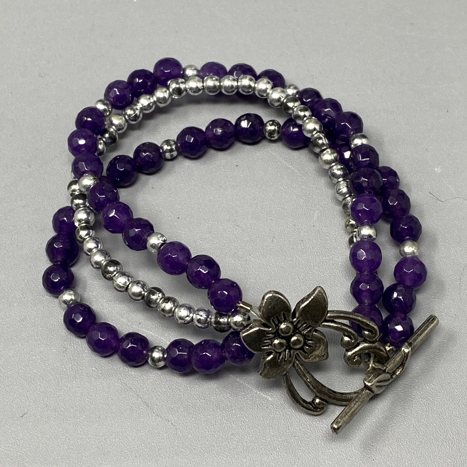Amethyst Bracelet Purple Gemstone Faceted Stone Beads Layered Flower Toggle 6.75