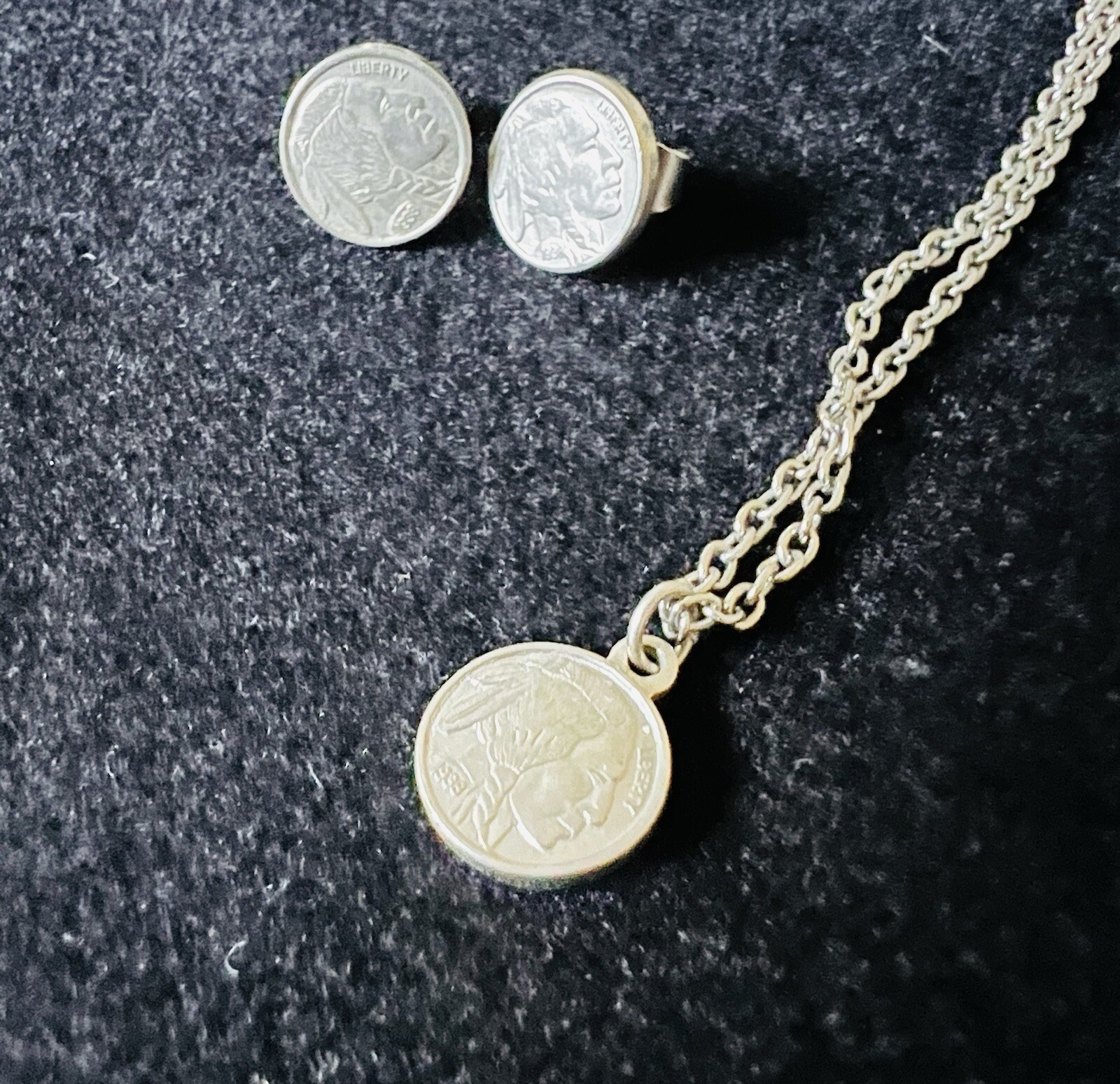 Vintage Silver Tone Buffalo Nickel Coin Necklace and Earring Set